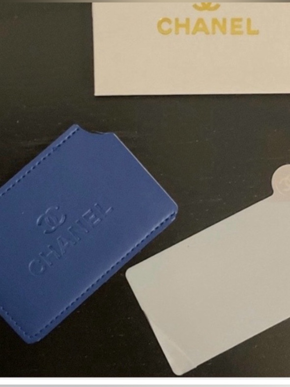 CHANEL GWP Royal Blue Embossed Vegan Leather Card Sleeve & Mirror